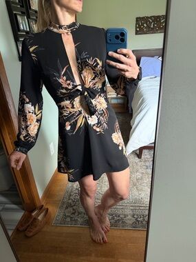 Nasty Gal Floral Tie-Front Mini Dress in Black and Peach